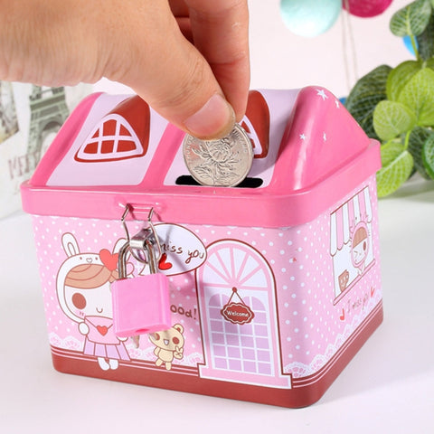 Children Cartoon Saving Small Coin Storage House Piggy Bank, Pink, Blue