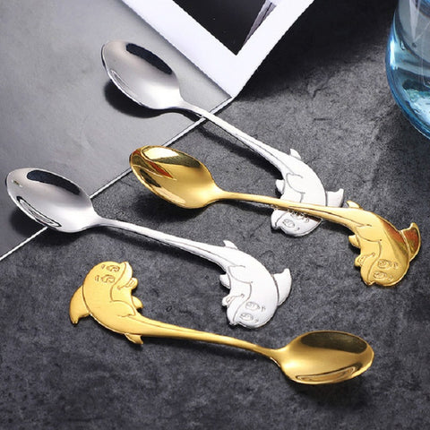 2 PCS Stainless Steel Dolphin Shape Cartoon Coffee Stirring Spoon Ice Cream Spoon Child Feeding Spoon