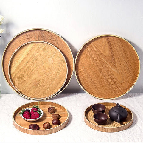 Creative Round Solid Wood Tea Tray Hotel Wooden Tay Storage Tray, Diameter: 33cm, Wood Color, Diameter: 33cm