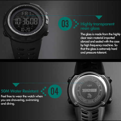 SKMEI 1251 Men Fashionable Outdoor 50m Waterproof Sports Watch Digital Watch with PU Watchband