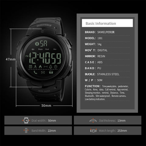 SKMEI 1301 Multifunction 50m Waterproof Sports Bluetooth Smart Watch, Compatible with Android & iOS System