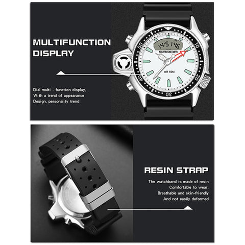 SANDA 3008 Multifunctional Men Outdoor Sports Noctilucent 50m Waterproof Digital Wrist Watch