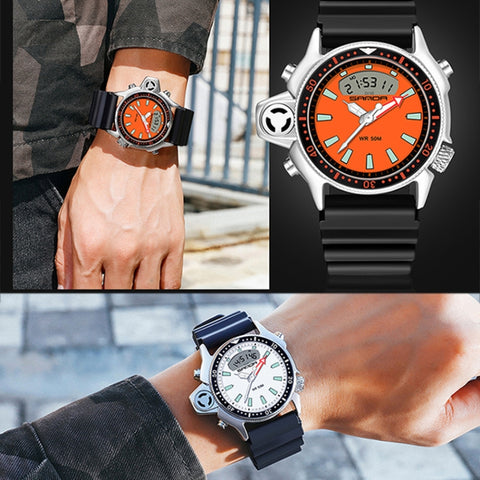 SANDA 3008 Multifunctional Men Outdoor Sports Noctilucent 50m Waterproof Digital Wrist Watch