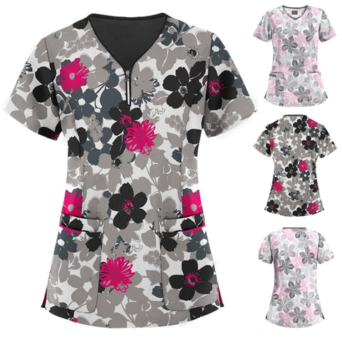 Mid-length Slim-fitting Printed Pullover Nurse Uniform V-neck T-shirt (Color:Pink Size:XXL), S, M, L, XL, XXL, XXXL
