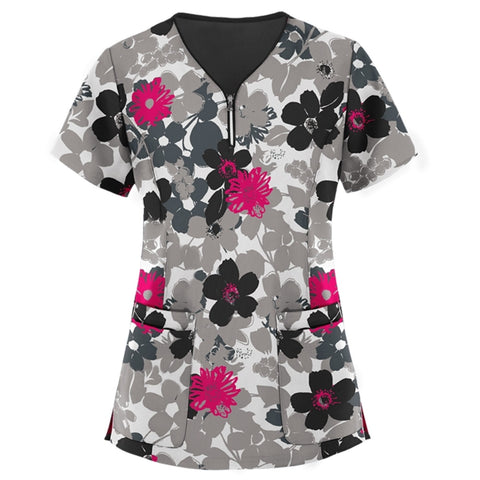 Mid-length Slim-fitting Printed Pullover Nurse Uniform V-neck T-shirt (Color:Pink Size:XXL), S, M, L, XL, XXL, XXXL