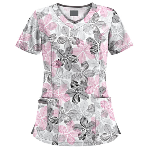 Mid-length Slim-fitting Printed Pullover Nurse Uniform V-neck T-shirt (Color:Pink Size:XXL), S, M, L, XL, XXL, XXXL