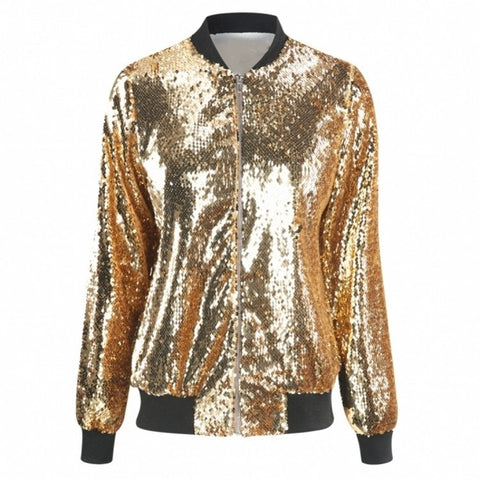 Ladies Loose Sequin Baseball Jacket (Color:Silver Size:XXXL), S, M, L, XL, XXL, 3XL