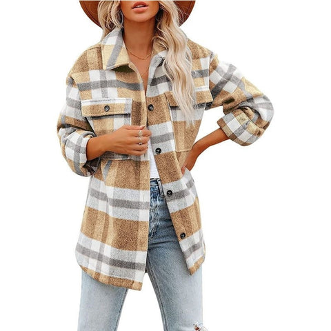 Lapel Long Sleeve Flannel Check Shirt Loose Casual Cardigan Jacket for Ladies, S, M, L, XL, XXL