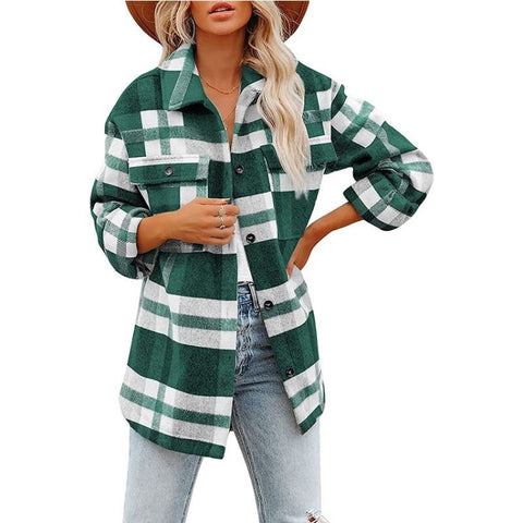 Lapel Long Sleeve Flannel Check Shirt Loose Casual Cardigan Jacket for Ladies, S, M, L, XL, XXL