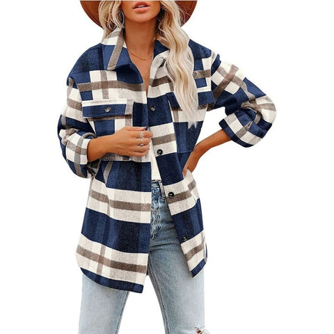 Lapel Long Sleeve Flannel Check Shirt Loose Casual Cardigan Jacket for Ladies, S, M, L, XL, XXL