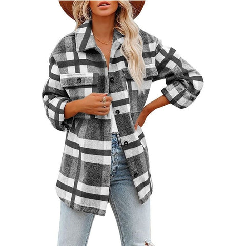 Lapel Long Sleeve Flannel Check Shirt Loose Casual Cardigan Jacket for Ladies, S, M, L, XL, XXL