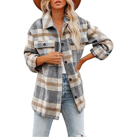 Lapel Long Sleeve Flannel Check Shirt Loose Casual Cardigan Jacket for Ladies, S, M, L, XL, XXL